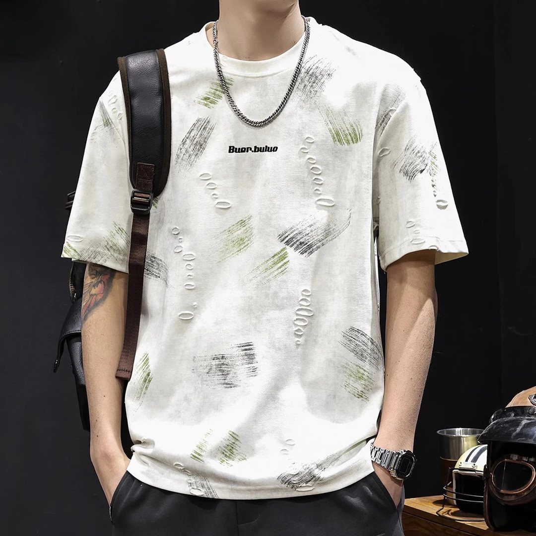 GTRT重磅提花破洞潮牌短袖t恤男士夏季2025新款大码宽松休闲百搭