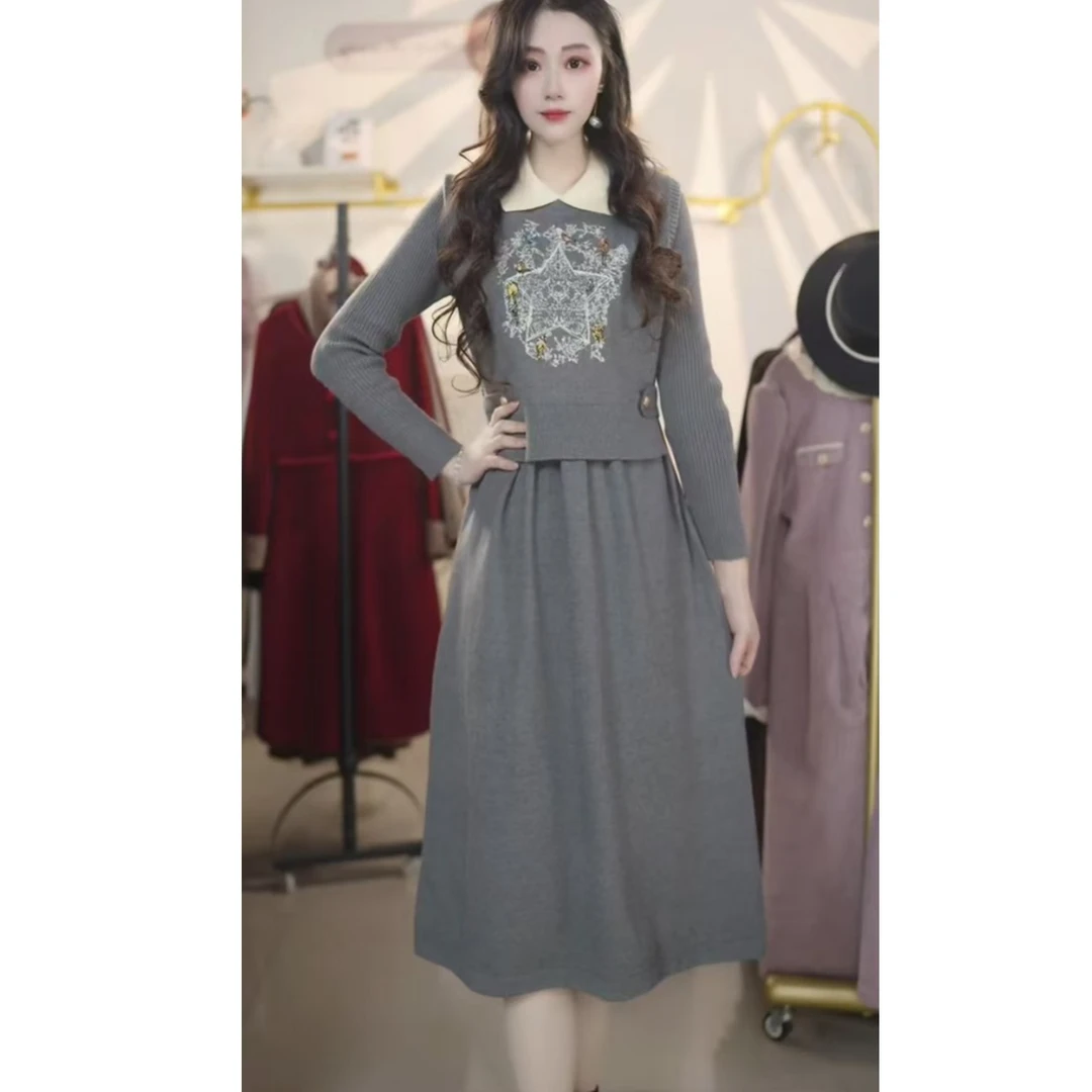 L613洋气时尚减龄套装裙秋冬新款polo领连衣裙高级感马甲