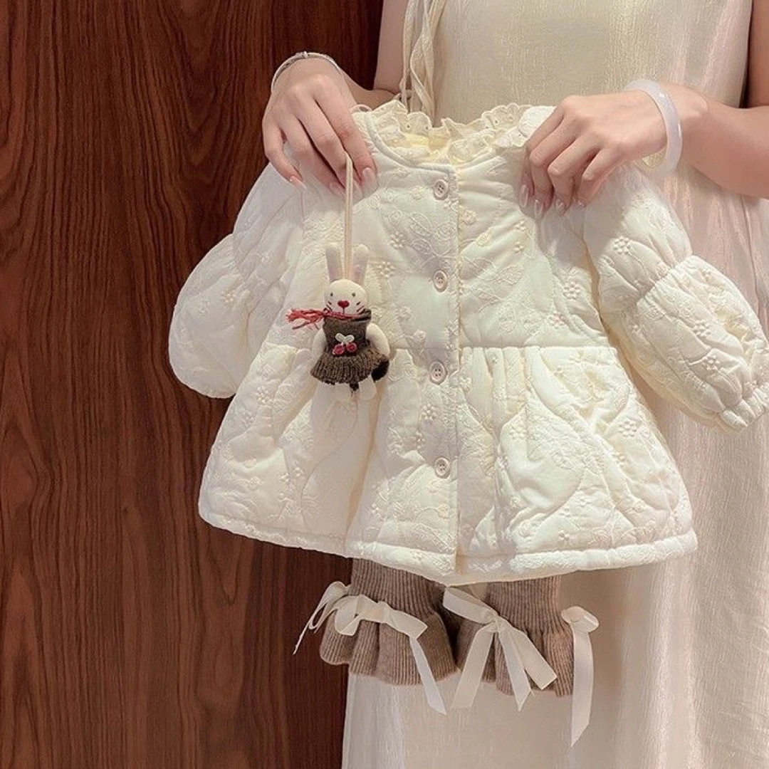 婴幼儿刺绣棉服套装2025秋冬装新款女宝宝绗棉外套打底裤子两件套