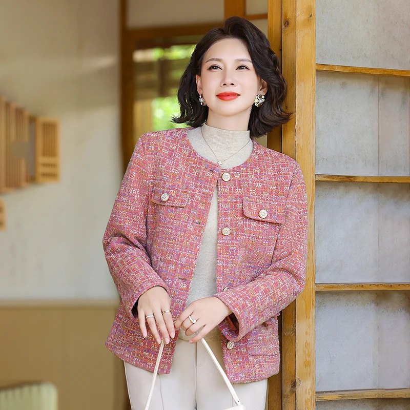 妈妈春秋新款洋气小香风外套遮肉显瘦中老年女装优雅圆领夹克上衣