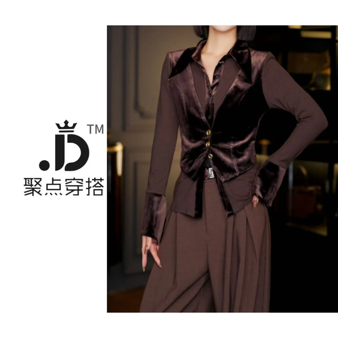 JUDIAN-【丝绒雾语】复古假两件丝绒气质衬衫8jd00403