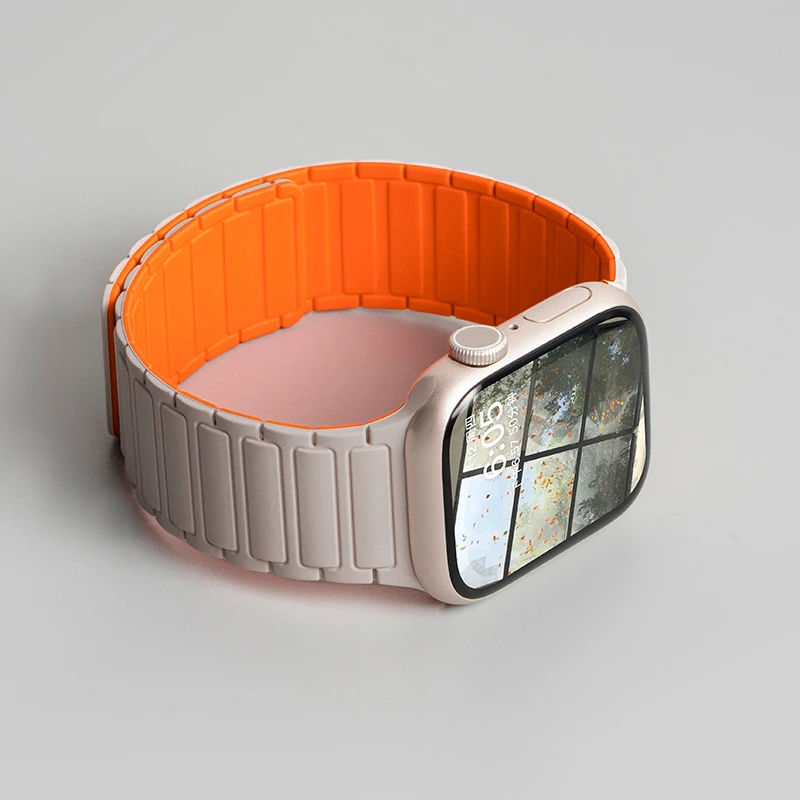 适用苹果手表Apple watch10/9硅胶磁吸工纹iwatchS8765表带男女款