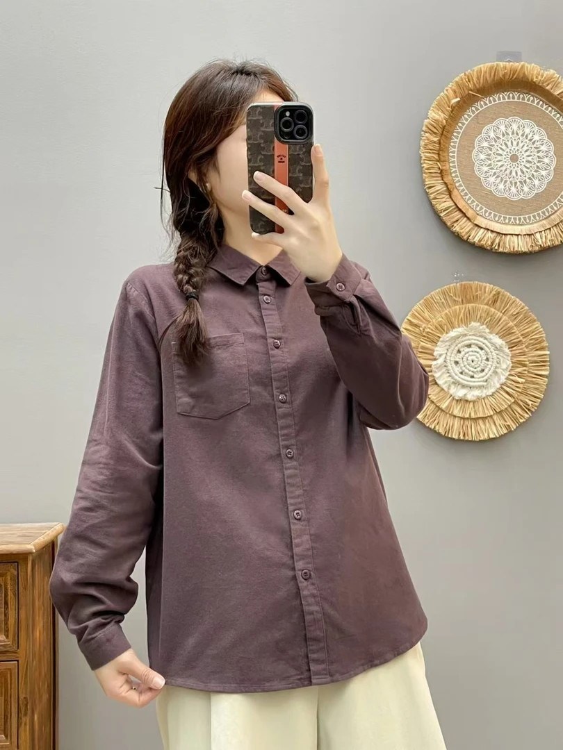 2025新款磨毛衬衫纯色秋冬内搭纯棉休闲时尚复古韩版长袖衬衫8832