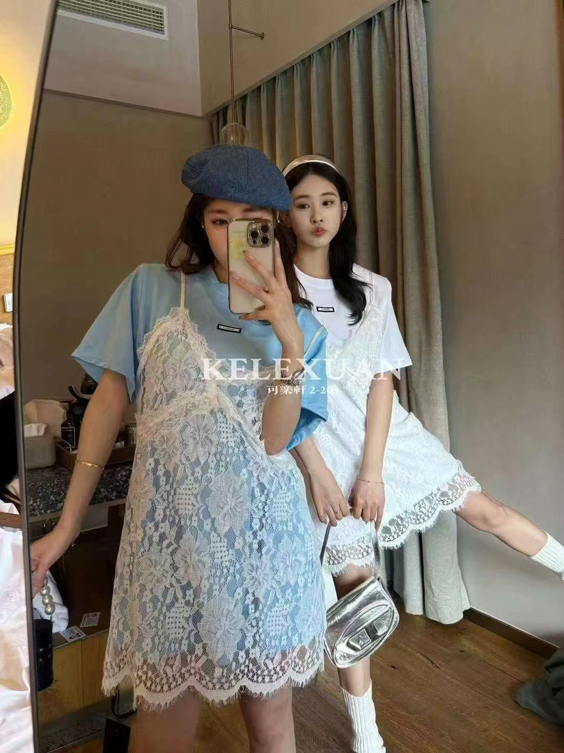 法式吊带叠穿蕾丝裙女夏季新款蓝色印花中长款T恤女连衣裙潮牌