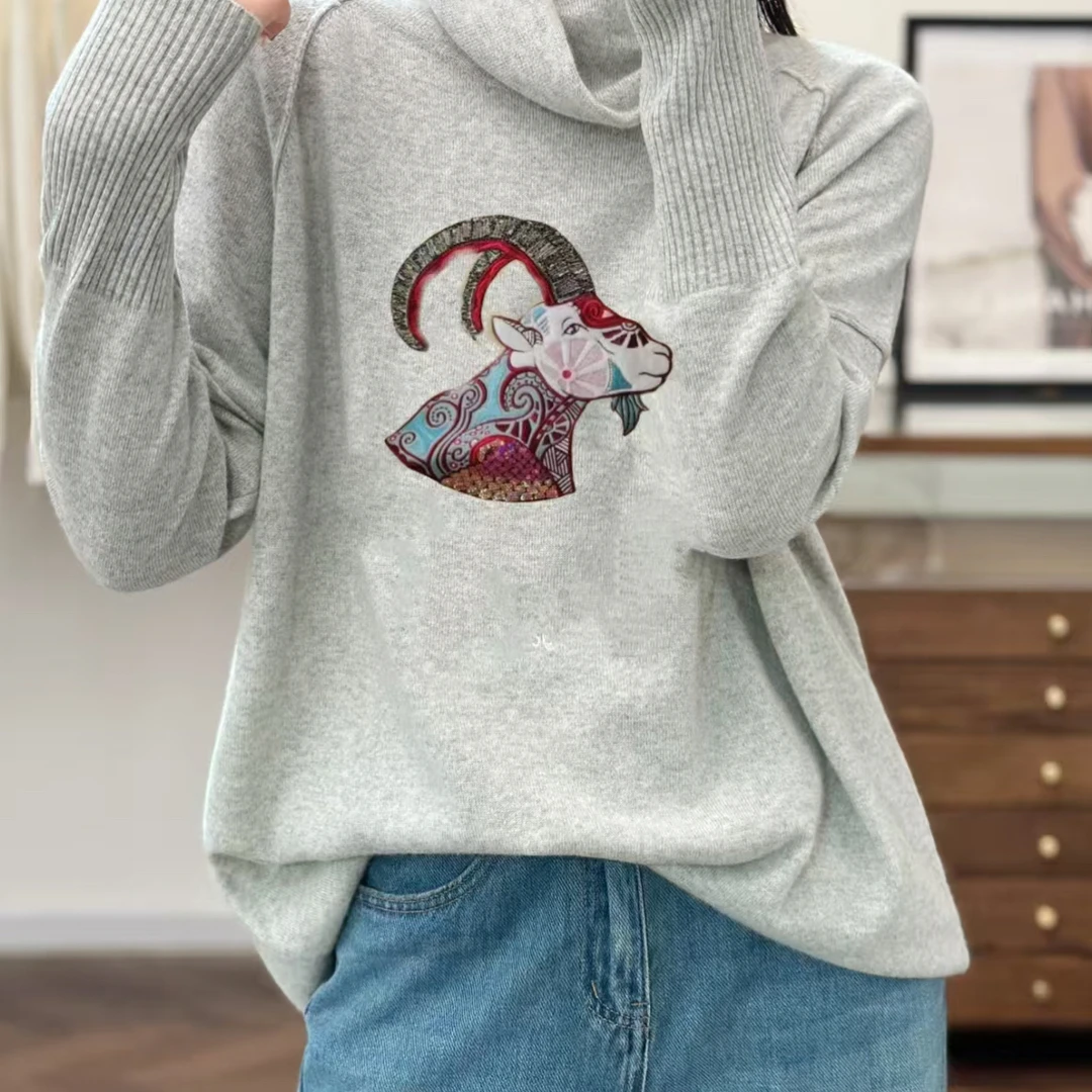 海宁濮院羊绒 新款重工轻奢圆领显瘦羊绒衫