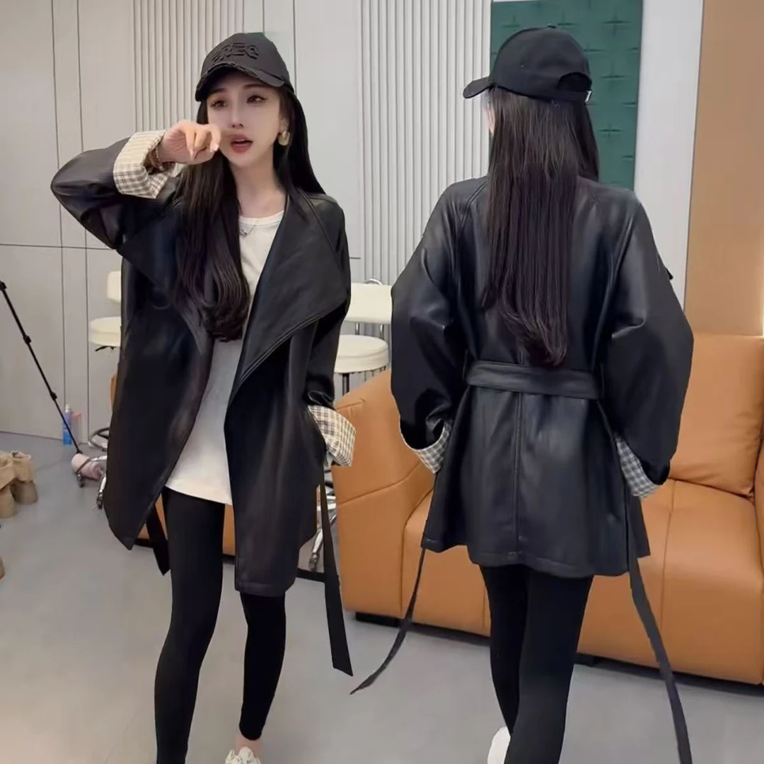 韩版拼接百搭PU中长风衣2025秋季新款时尚黑色宽松洋气显瘦外套