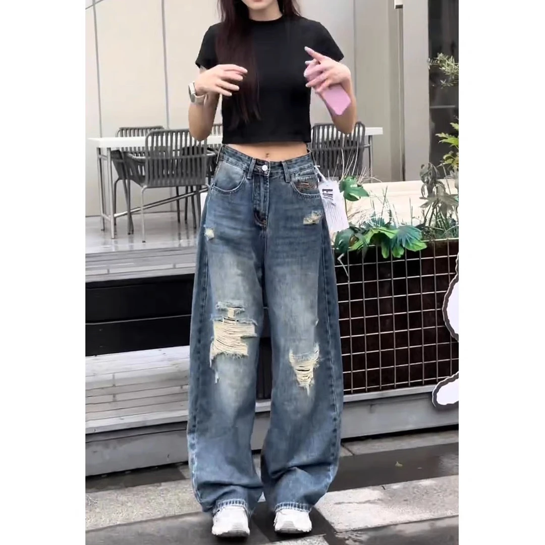 美式直筒破洞阔腿牛仔裤女2025秋季新款高腰宽松显瘦拖地弯刀裤子