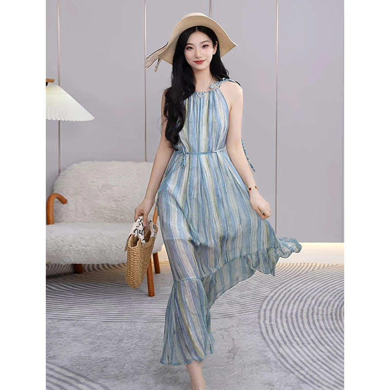 荣太莱赛尔晕染拼色挂脖吊带连衣裙女夏季温柔甜美海边度假长裙