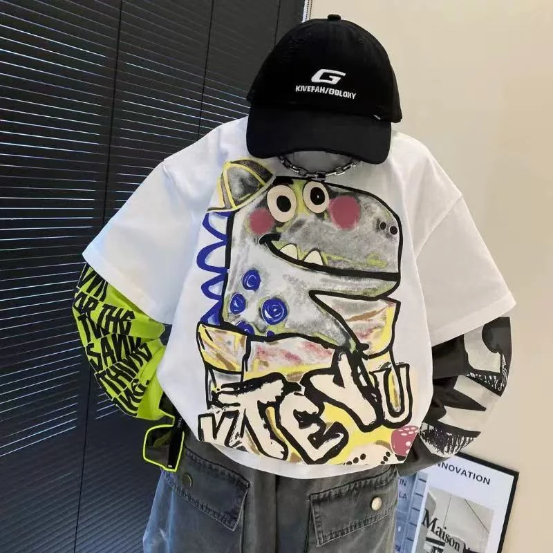 男童春季潮牌卡通恐龙假两件上衣春秋新款儿童拼色酷帅长袖打底衫