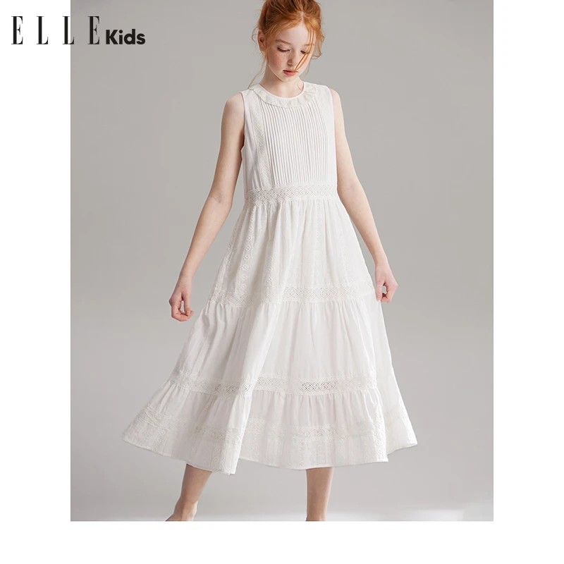 ELLE KIDS 花边拼接透气连衣裙女童夏季新款法式度假绣花裙子X2