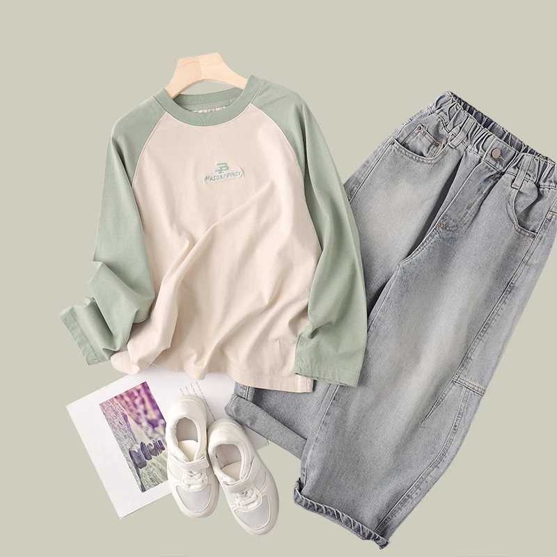 吴小越w1029男童春装圆领套头拼色棉t恤长袖中大童儿童打底衫