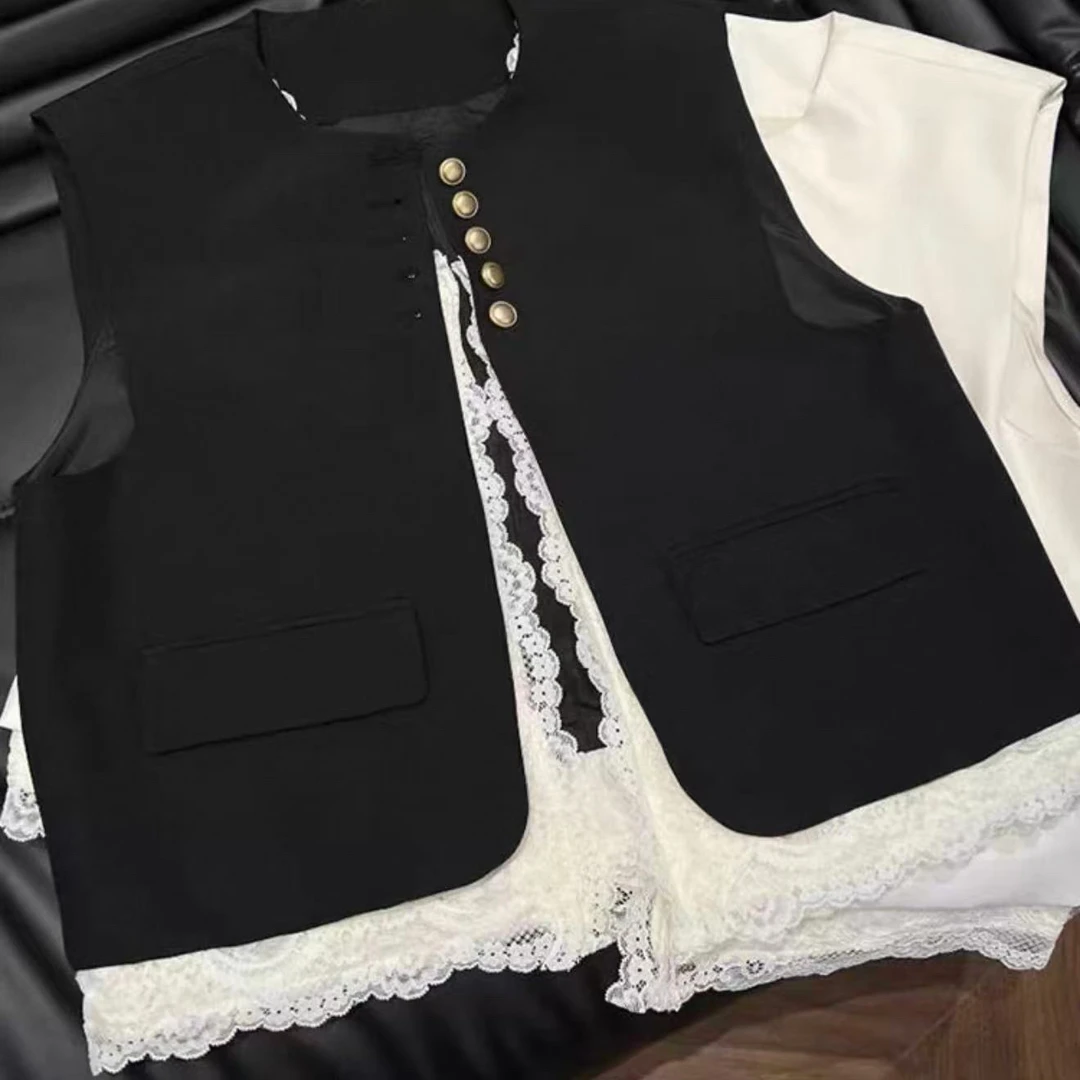 2025港风法式洋气蕾丝假两件西装韩版秋新款洋气马甲