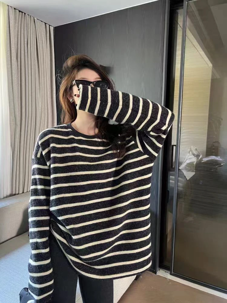 韩系海盐奥利奥绒绒澳绒加厚慵懒宽松显瘦长袖条纹t恤女