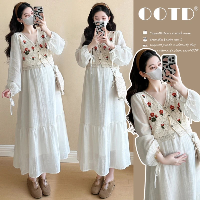 【橙子】孕妇连衣裙2025新春杏色时尚显瘦新中式马甲假两件中长款