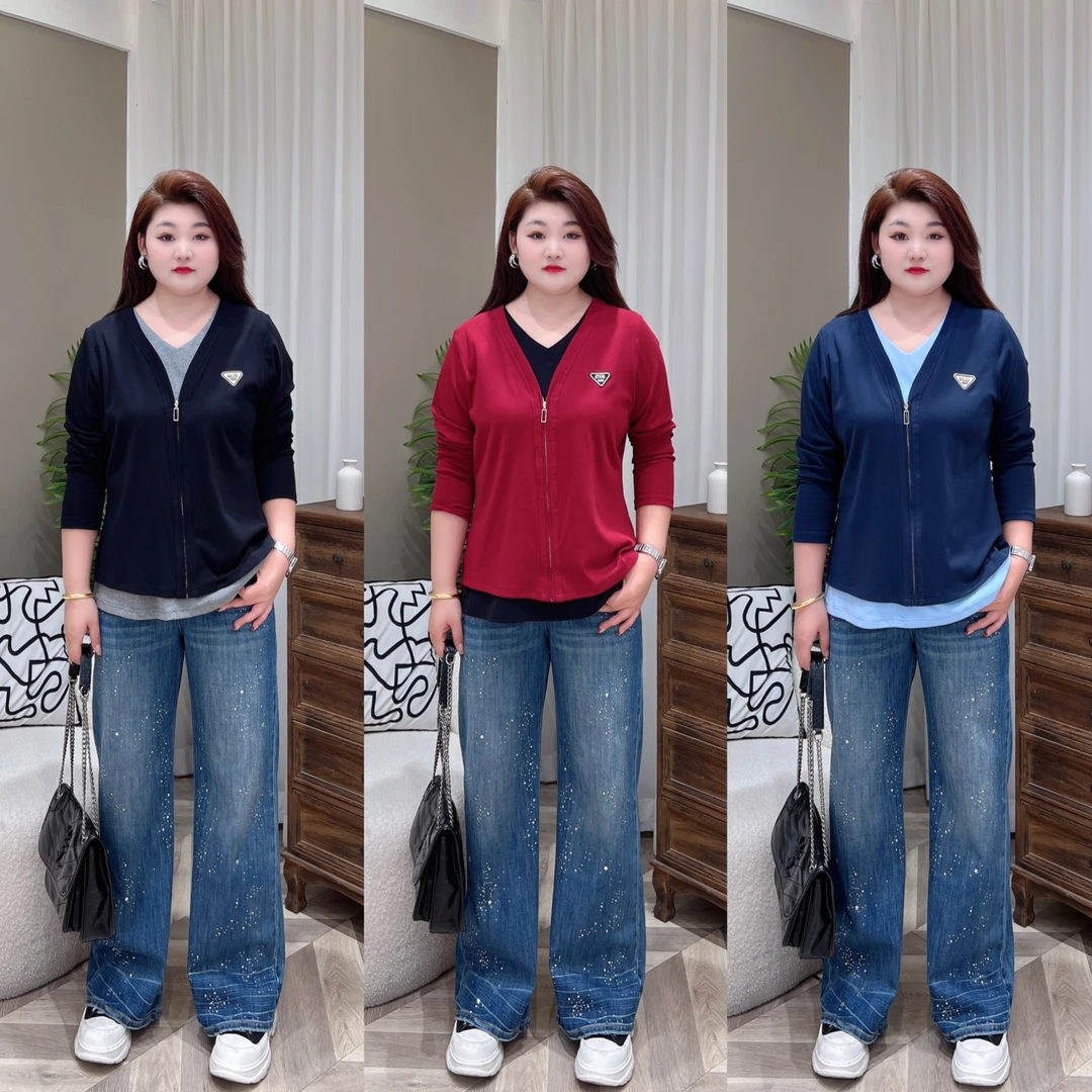 【新款上衣】PMM82153早秋大码新款时尚假两件休闲长袖显瘦T恤