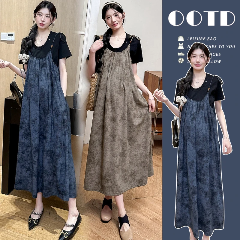 夏季新款孕妇套装法式气质百搭短袖T恤水墨印花晕染吊带裙连衣裙