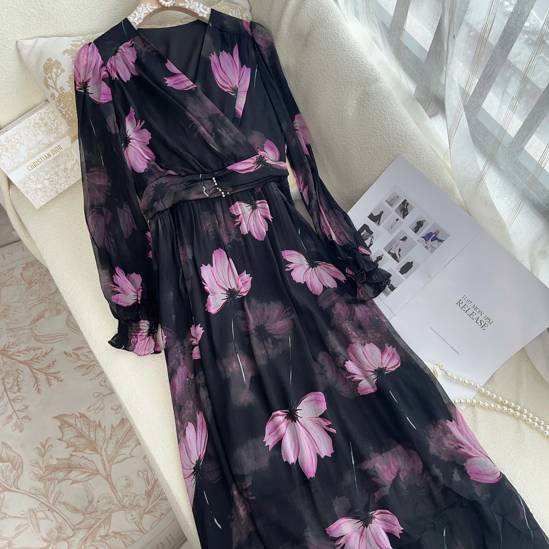 2025【花梨】早春法式小众设计高级感风绝美海边黑色印花连衣裙