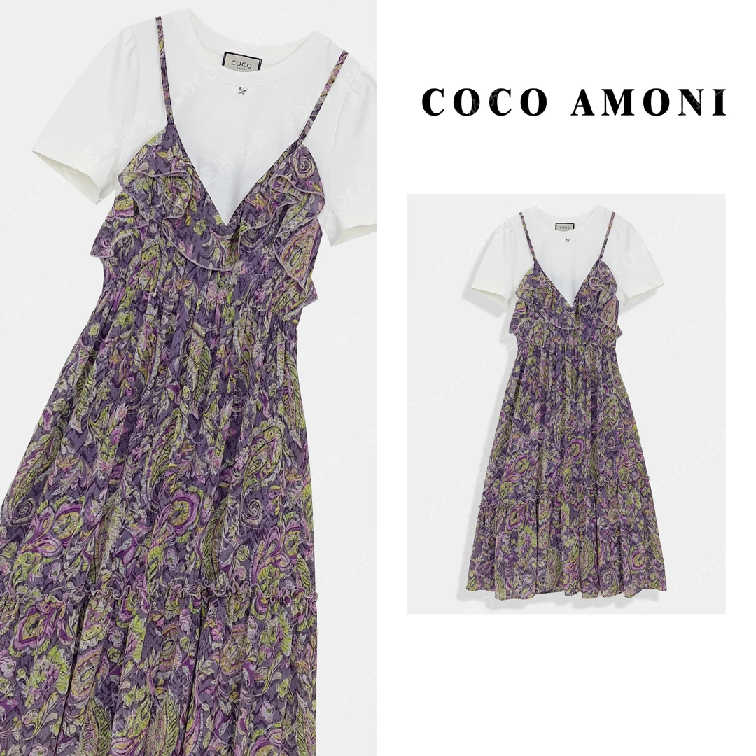 高级设计师原创新款夏日轻奢女装拼接碎花假两件显瘦连衣裙ZC773