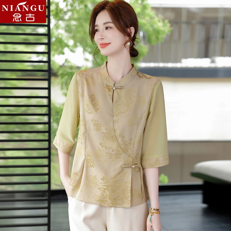 新中式妈妈夏季雪纺洋气小衫2025新款中老年女装时尚印花显瘦上衣