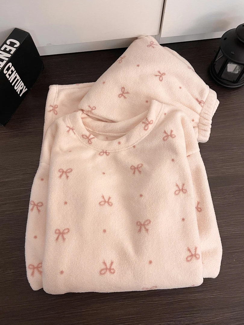 【DMXJ大梦想家】甜美蝴蝶结针织半边绒睡衣女秋冬款保暖家居服套装