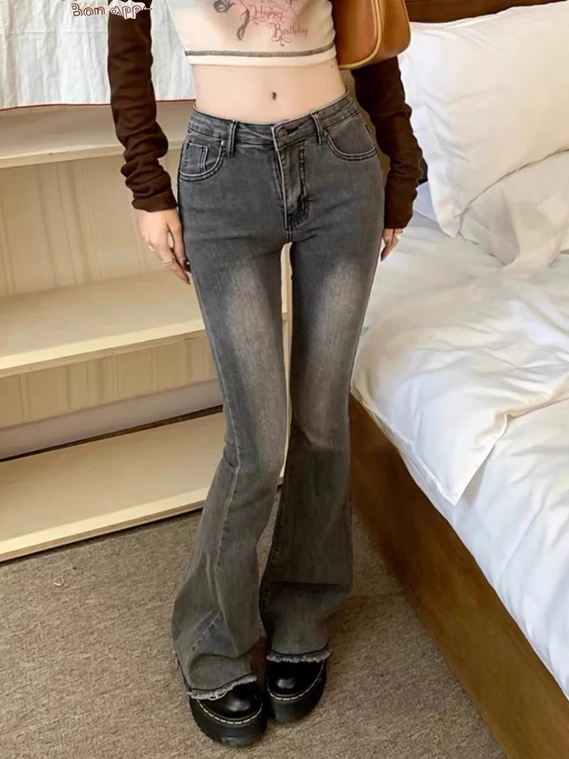 9190美式2025新款辣妹灰色微喇裤女修身显瘦弹力牛仔裤