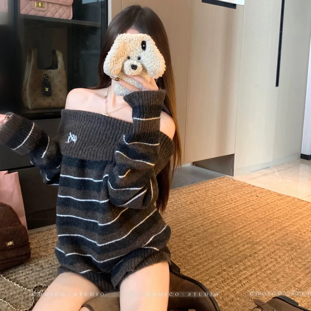 美式条纹一字露肩毛衣针织衫短裤慵懒软糯2025秋冬新款女一整套装