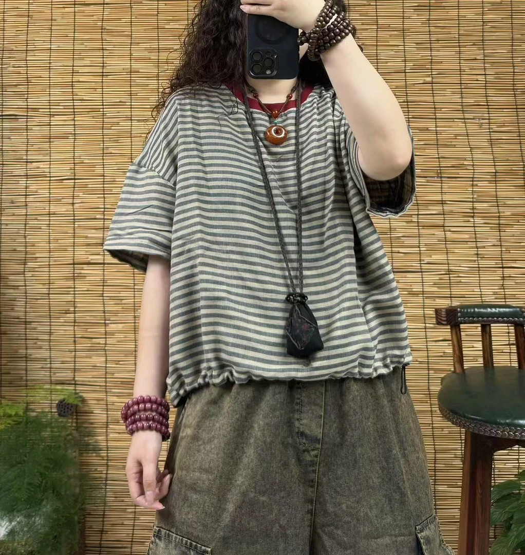 10782双层纱夏款条纹上衣（长58左右，90-160斤）