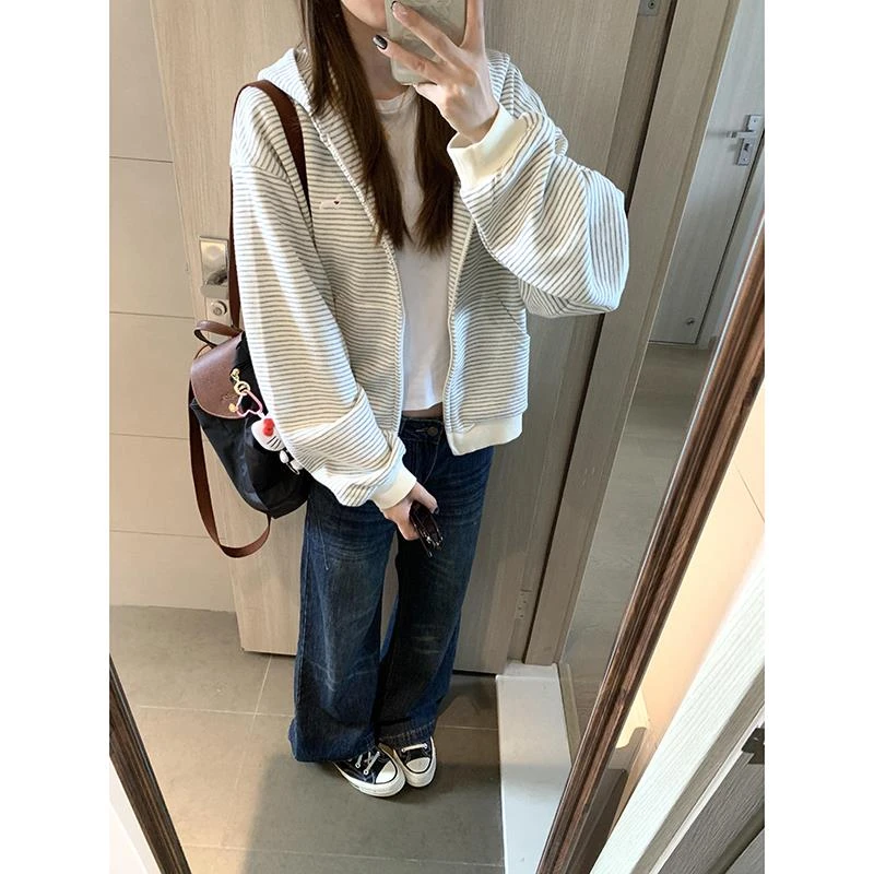 美式慵懒风条纹连帽上衣女春秋2025新款小狗刺绣拉链针织开衫外套