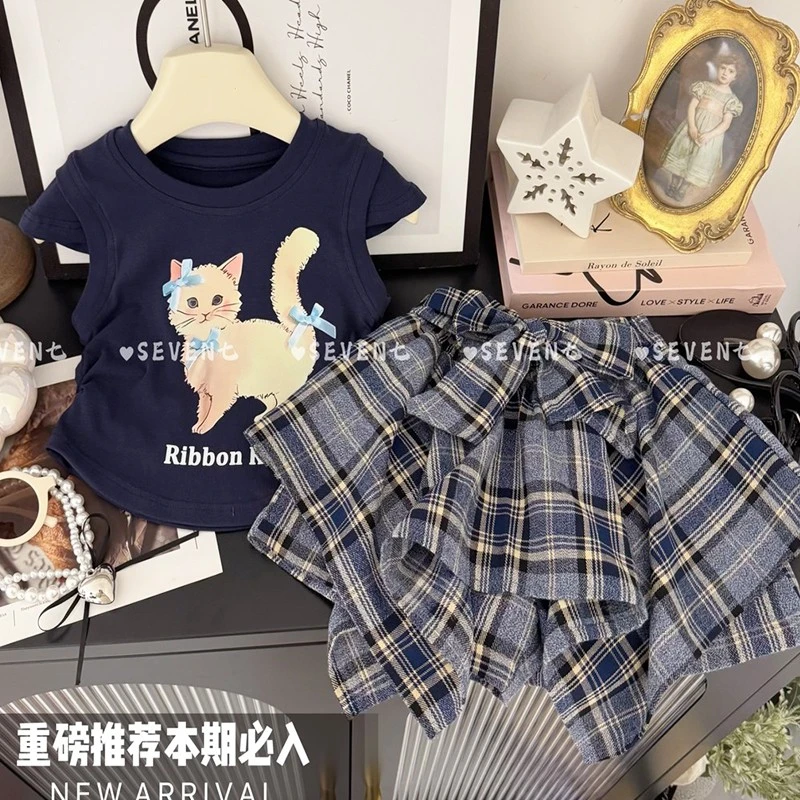 女童燕尾半身裙套装夏季2025新款潮儿童学院风夏装女孩T恤两件套