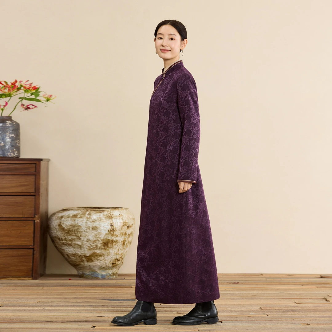 【槿月流光】吉祥羽儿原创肌理感真丝羊毛凤穿牡丹提花中式旗袍裙