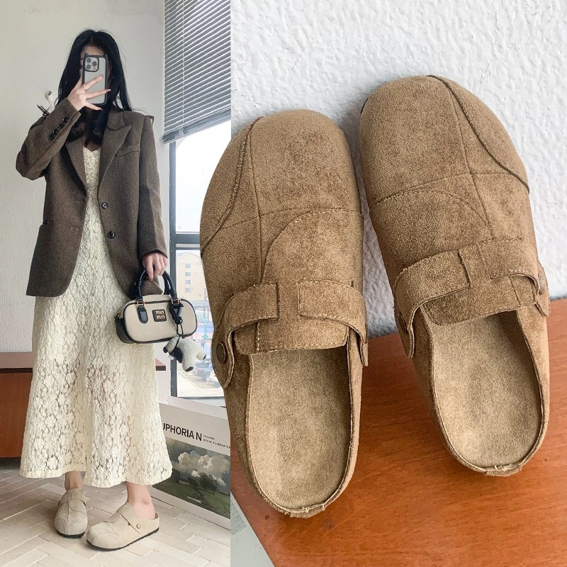 爆款勃肯鞋女磨砂皮休闲百搭包头一脚蹬半拖鞋886-1