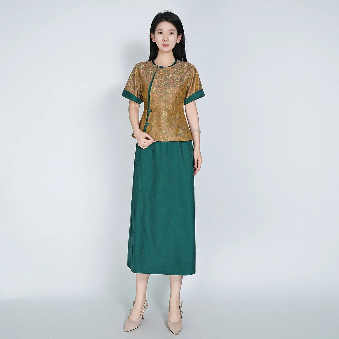 浒城古娘桑蚕丝国风中式时尚夏醉花语套装HBSS050582+HBSS050583