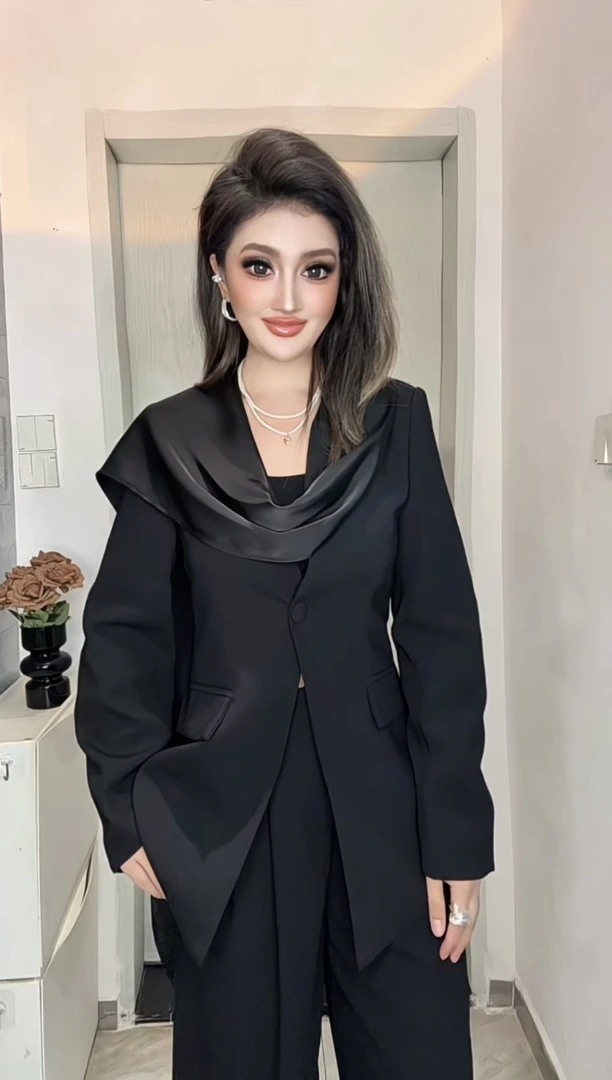 高端时尚名媛设计感长袖西装阔腿裤气质套装