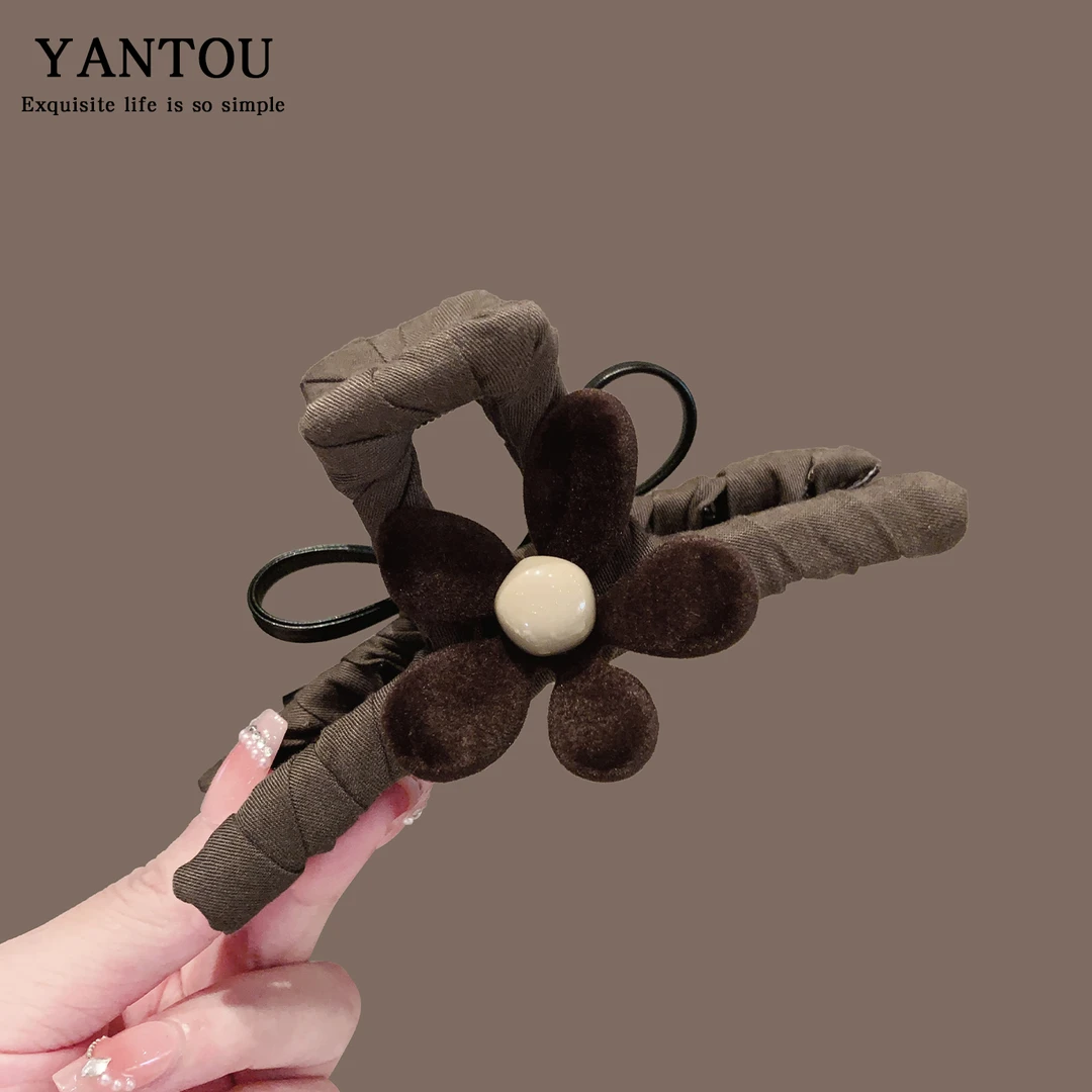 ins小众AB版咖色丝绒花朵蝴蝶结抓夹大号韩国鲨鱼夹后脑勺盘发夹