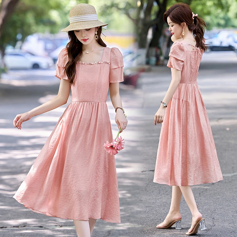 2025夏季新款韩版时尚优雅气质显瘦百搭收腰显瘦短袖纯色连衣裙女