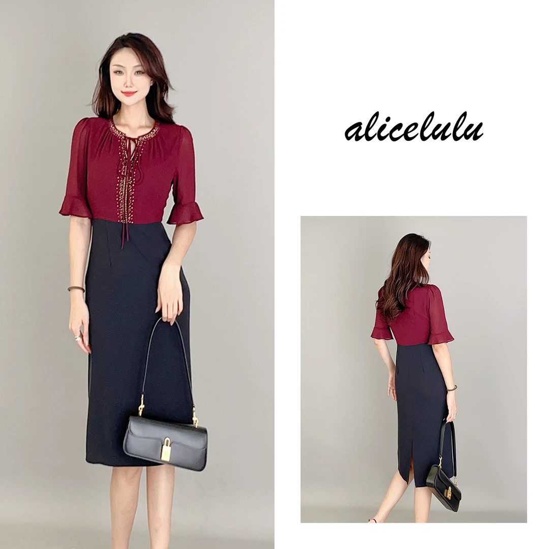 6ALICE“晚宴归来”连衣裙波尔多红璀璨烫钻S2138547W