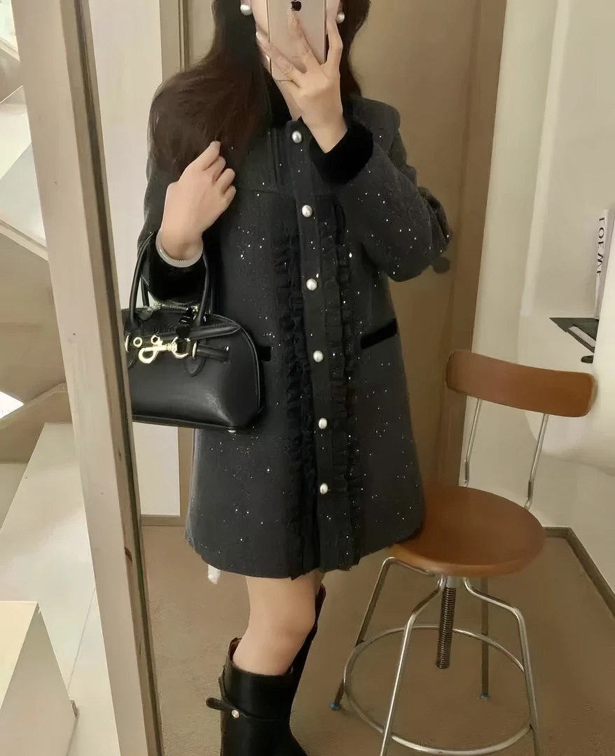 【浪漫星河】秋冬新款加厚保暖闪闪亮片丝绒拼接木耳边毛呢大衣外套