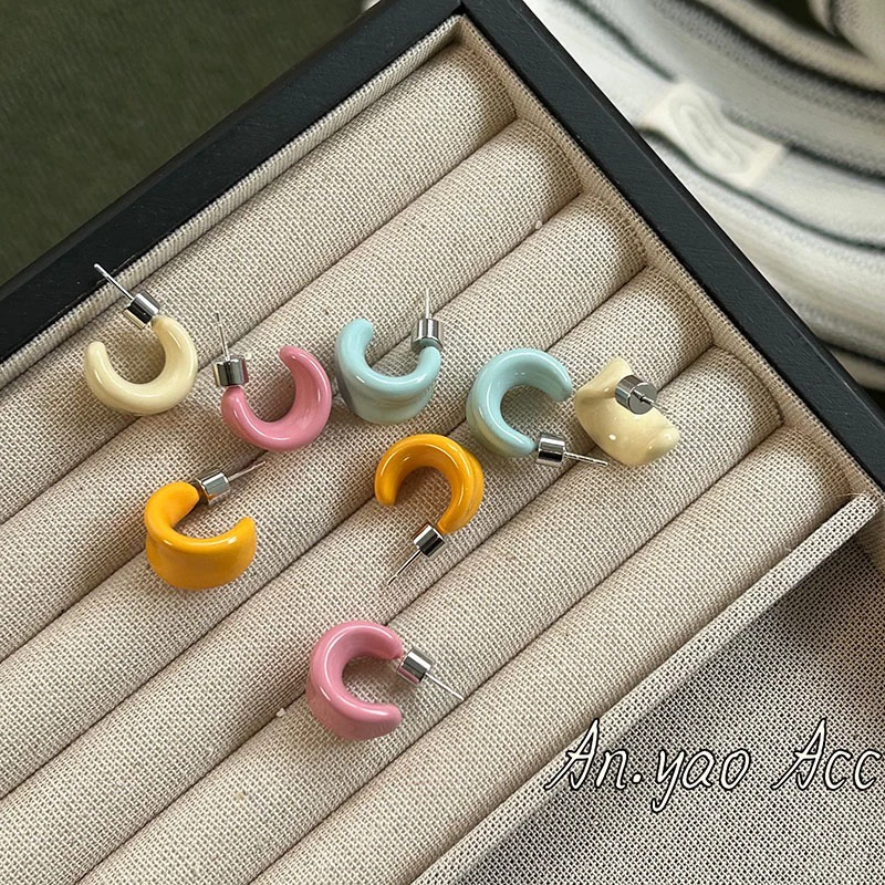 铜合金耳饰 925银针多巴胺彩色C型耳钉时尚简约耳环小众百搭