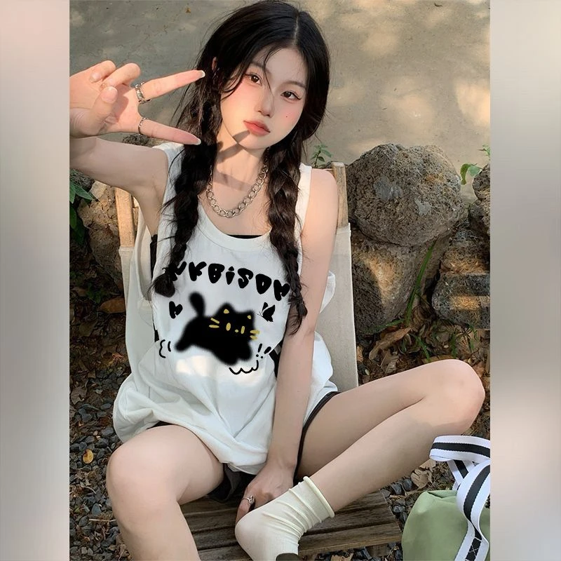 纯棉白色运动背心女夏季2025新款潮牌美式宽松无袖上衣篮球服t恤