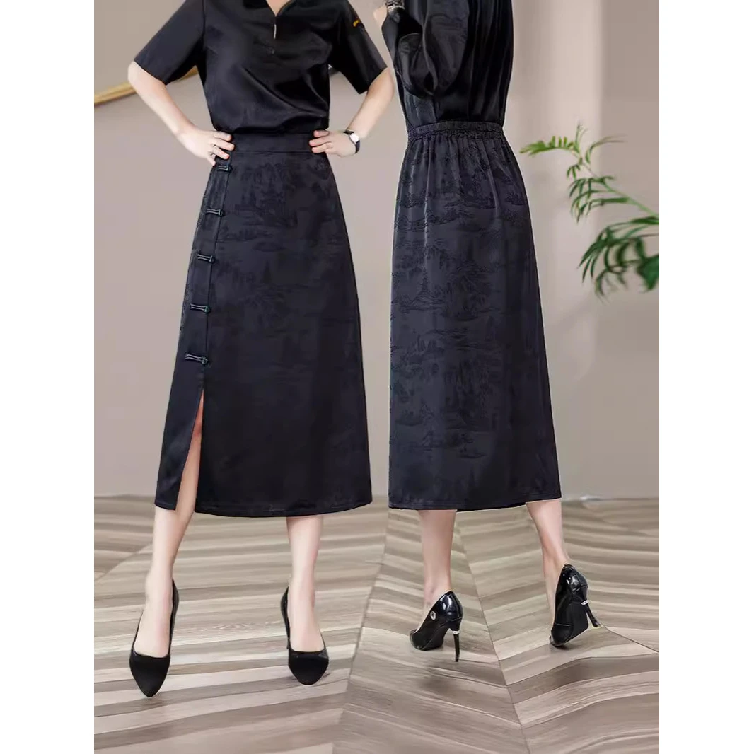 新中式复古盘扣包臀半身裙女春秋新款高端开叉裙子国风气质中长裙