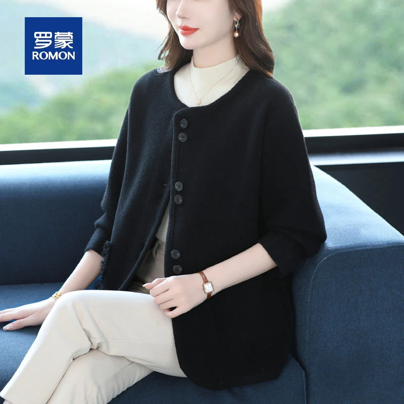 罗蒙中年妈妈秋装双面呢外套时尚中老年女士秋冬毛呢针织开衫上衣