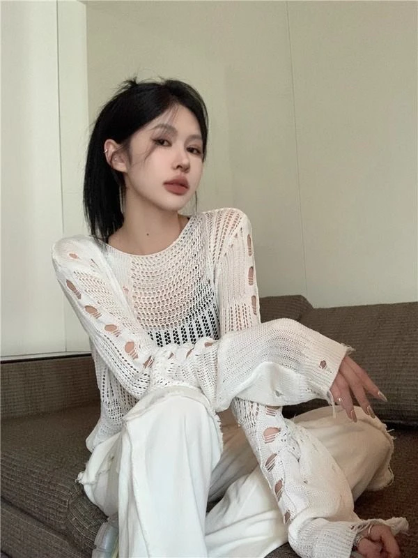 防晒夏季镂空0g破洞长袖毛针织衫蕾丝针织衫坎肩日系