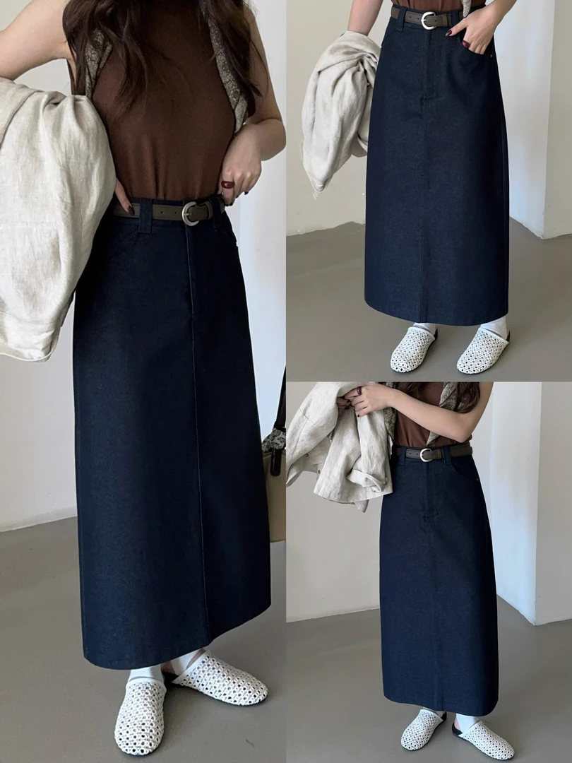 8824号25315#秋纯色简约气质百搭后下摆开叉口袋半身裙（配腰带）预