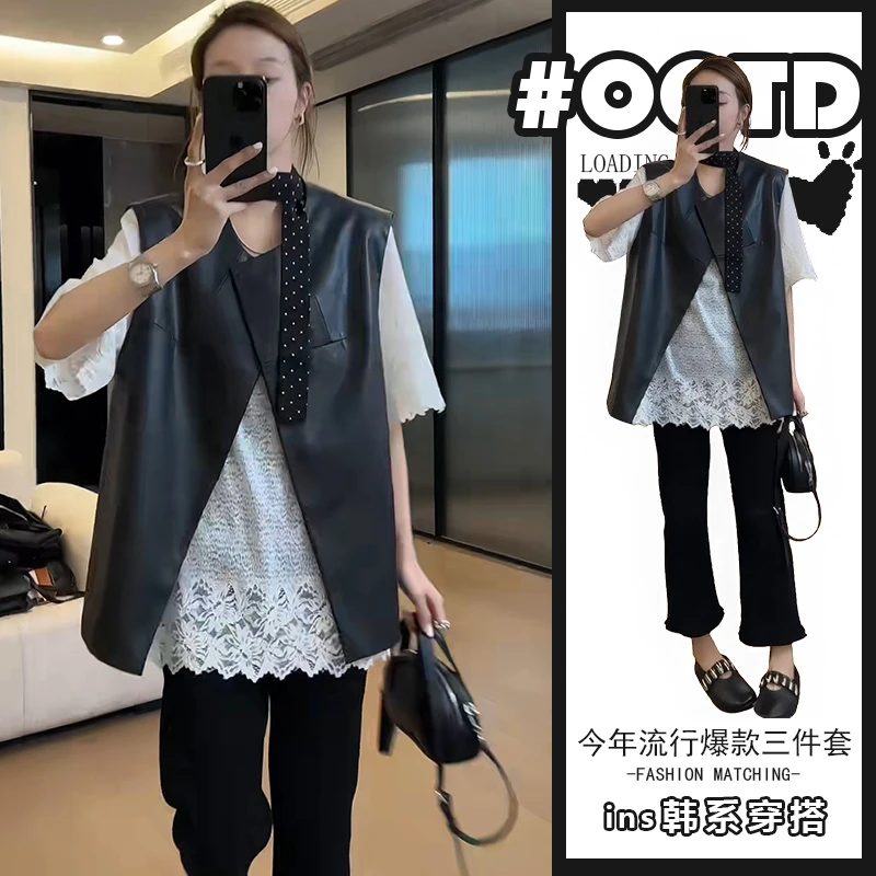 欧美气质宽松pu皮马甲透气白色上衣黑色裤子御姐轻熟风三件套装女