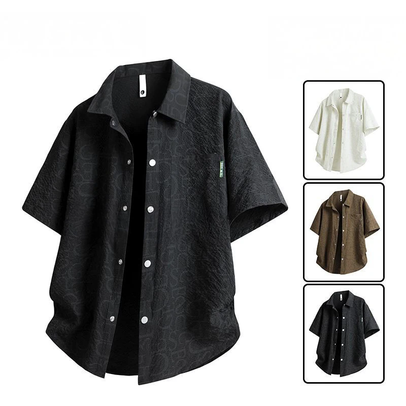 夏季薄款衬衫男士短袖百搭设计感泡泡格满印寸衫大码T恤翻领半袖