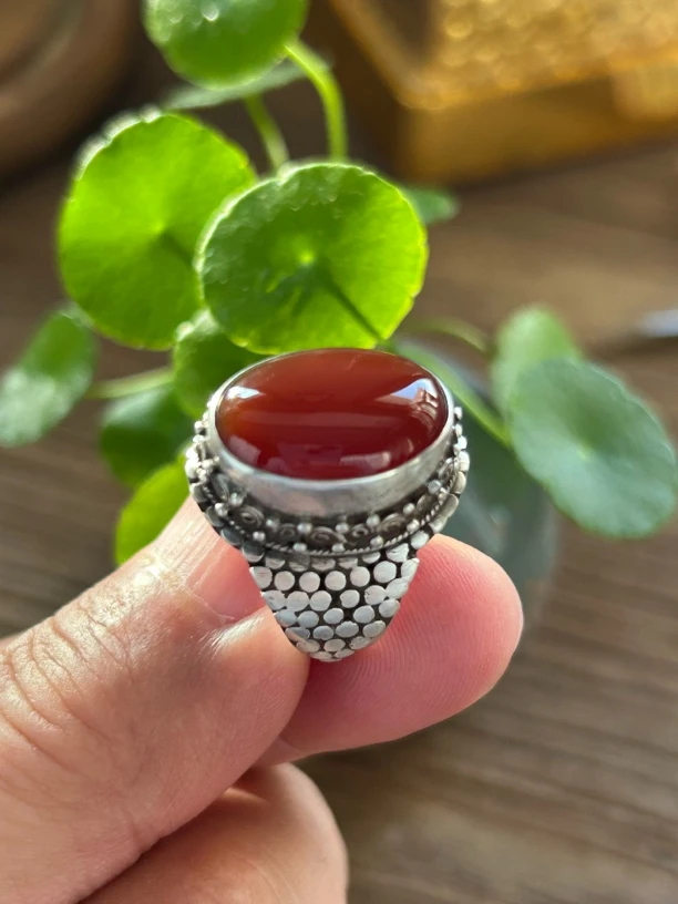 925银戒指 尼泊尔纯手工银镶嵌红玛戒指民族风复古时尚