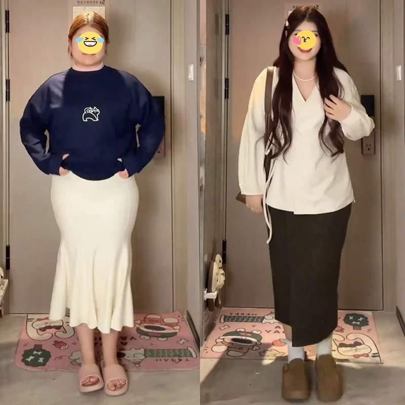 大码胖mm设计感绑带毛呢外套显瘦半身裙长袖打底衫上衣三件套装女