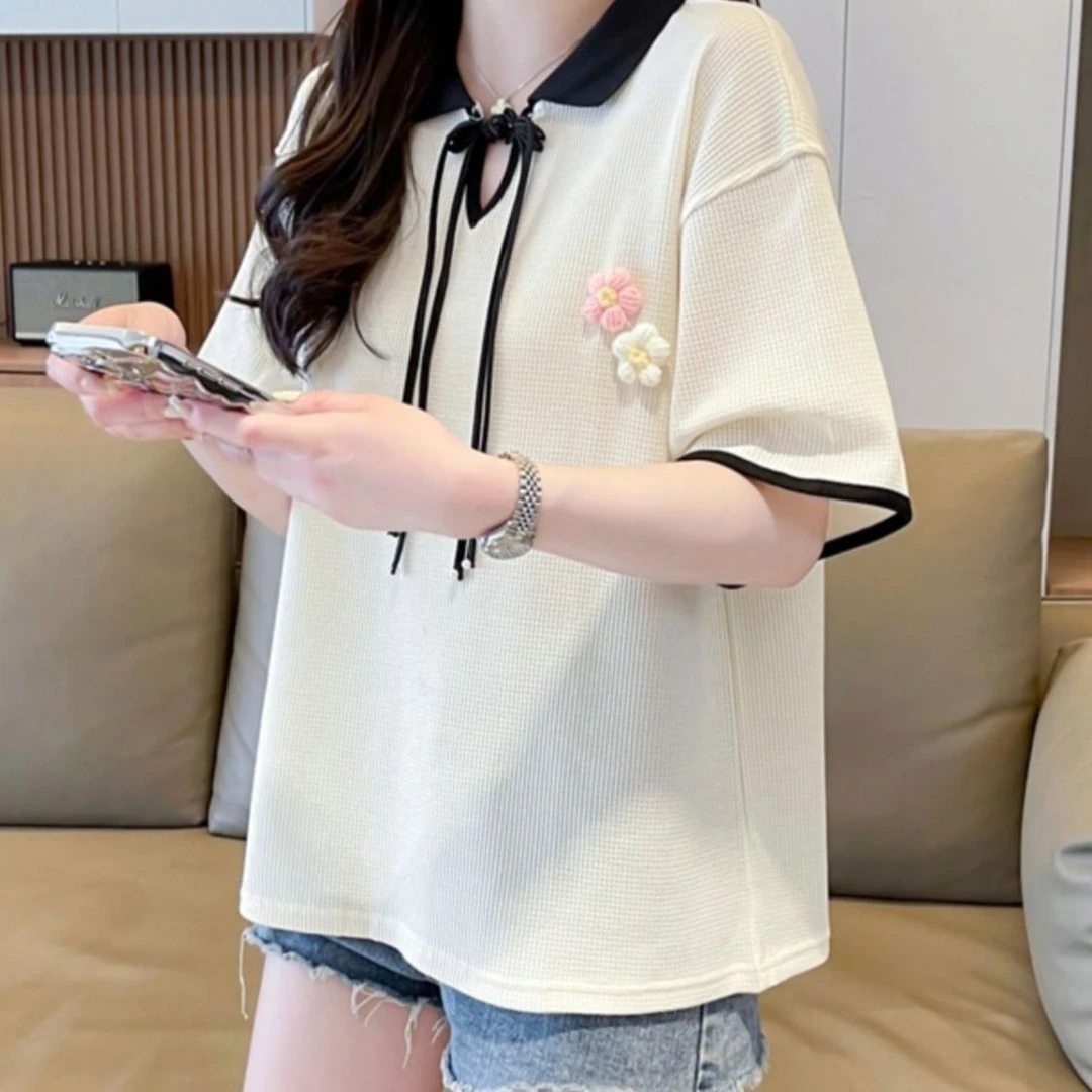 大码华夫格假两件polo领短袖t恤女2025夏季新款韩版宽松撞色上衣