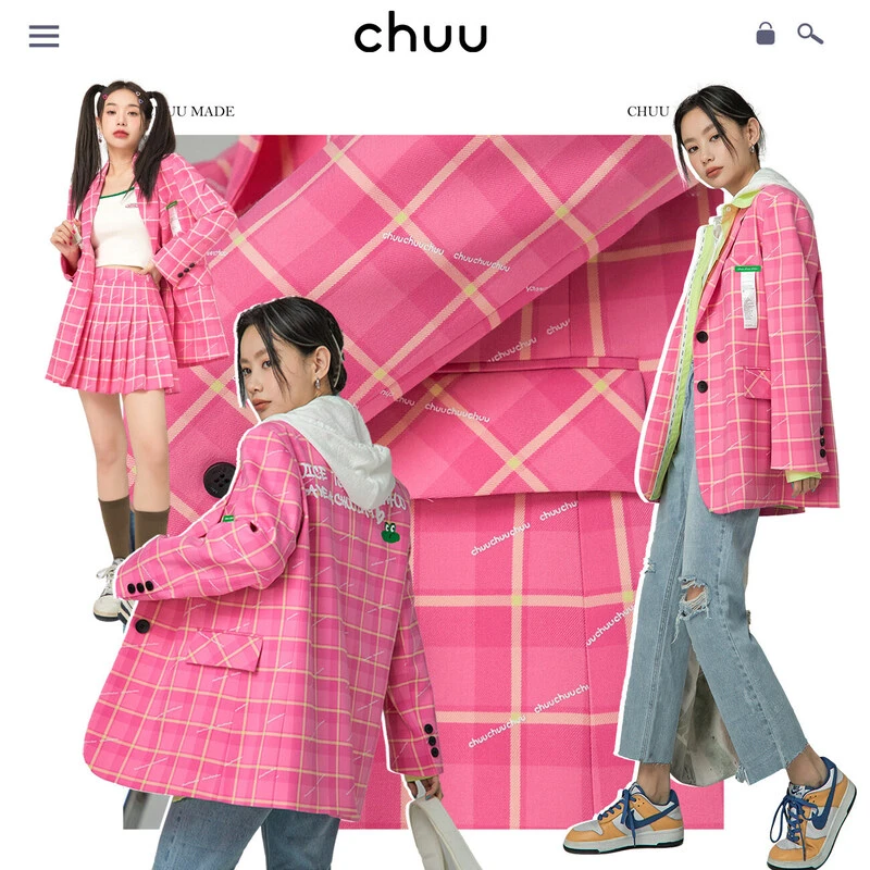 1202【金拐子专属】CHUU小个子炸街粉色格子长袖西装-F