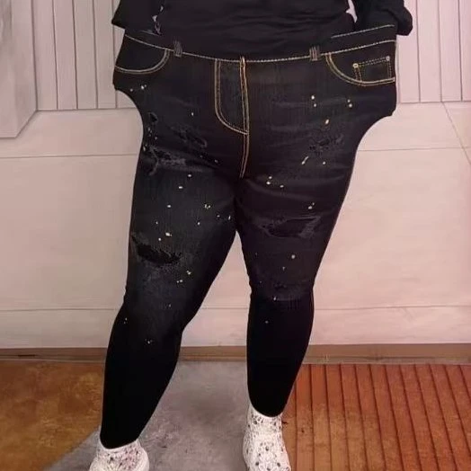 牛仔高腰修身显瘦女士铅笔裤外穿印花打底裤